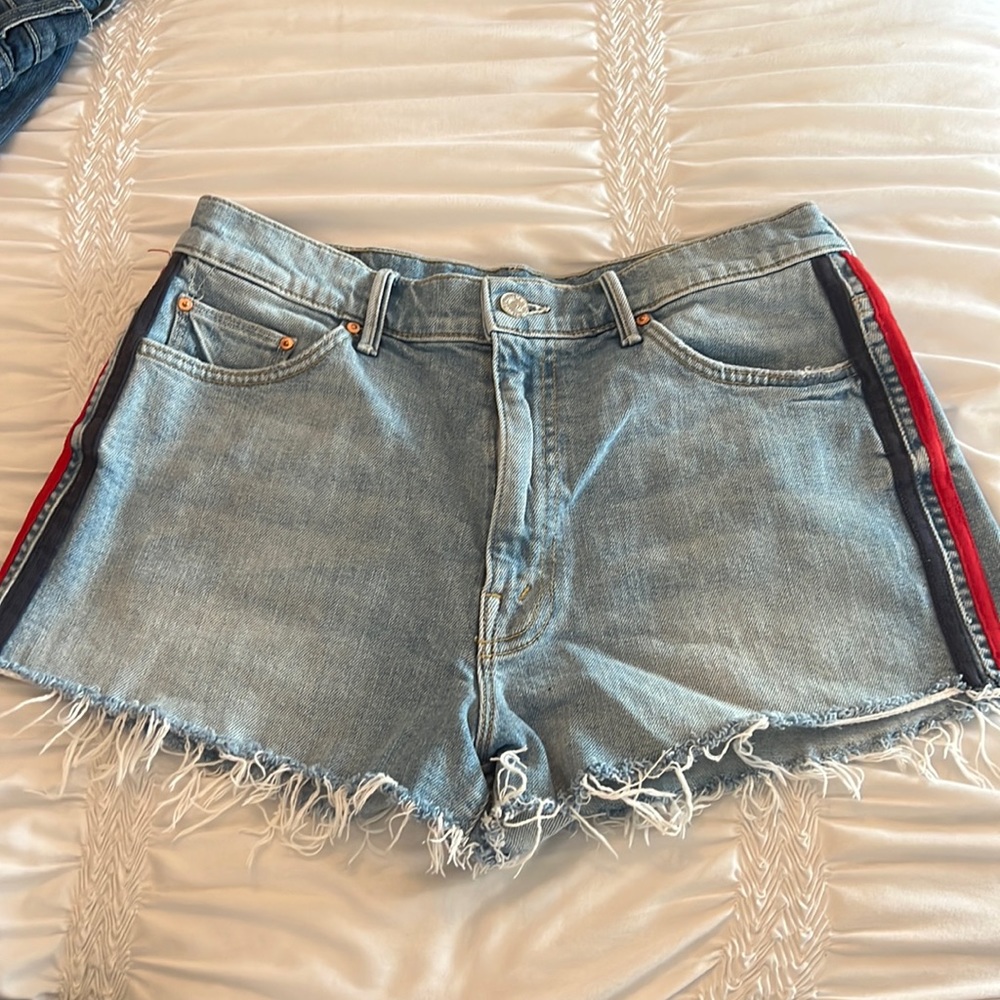 MOTHER The Easy Does It Raw Hem Racing Stripe Denim Shorts
